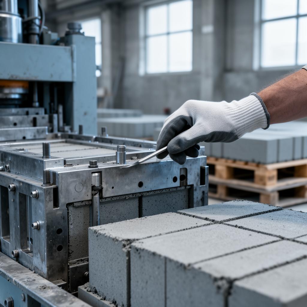 A gloved worker adjusting a steel mould beside freshly pressed concrete blocks