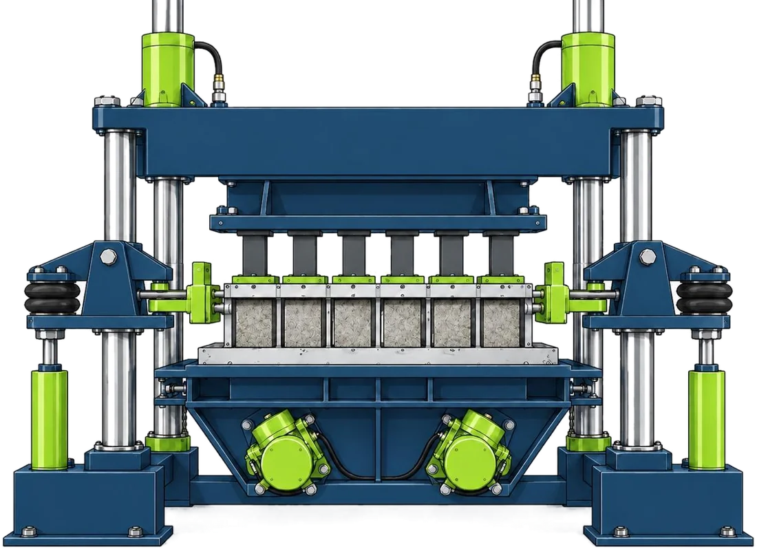 Concrete block making machine: a hydraulic press over a six-cavity mould box, with vibrator motors on the table below.