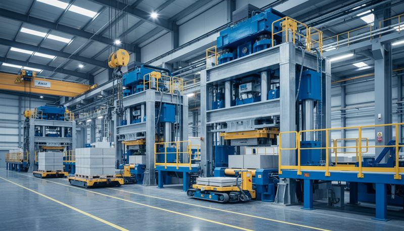 A row of block making presses on a factory floor