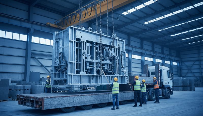 A crane loading a surplus mould onto a flatbed truck
