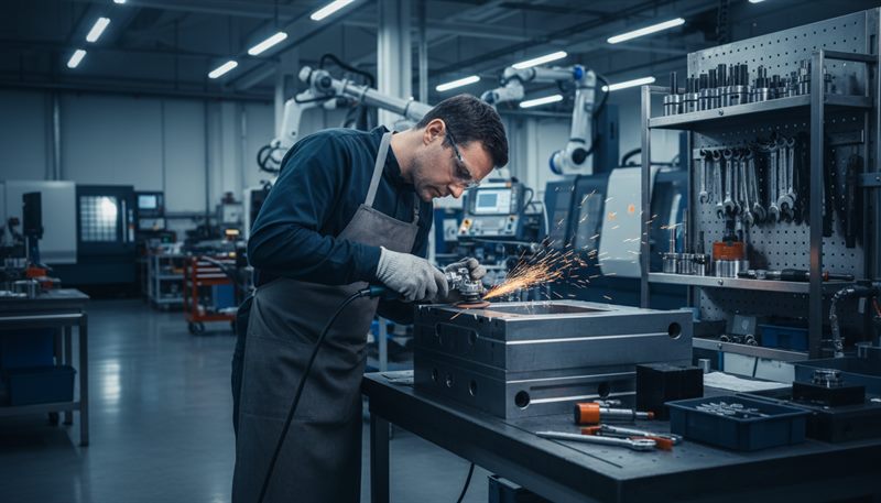 An engineer grinding a steel mould at a workbench