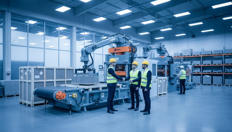 Two manufacturers shaking hands beside a production line