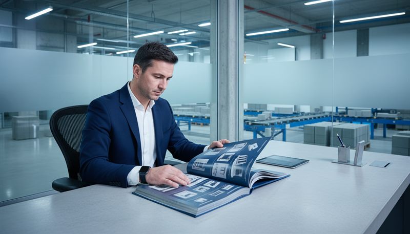 A buyer reviewing a supplier catalogue at a desk overlooking a block plant